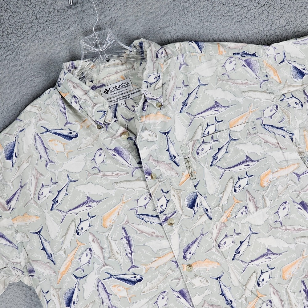 Columbia Fishing Shirt Mens Large Fish Print Short Sleeve Patch Pocket Outdoor